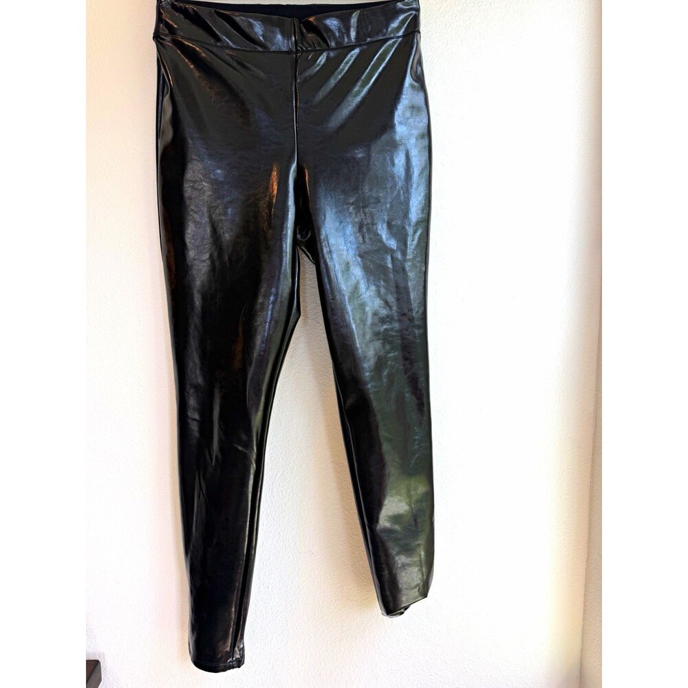 Express Women's Black Shiny Faux Leather Ankle Leggings M Stretch Elastic